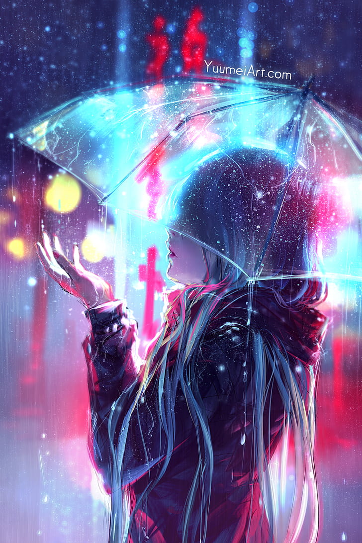 Yuumei, anime girls, umbrella, rain, long hair, city lights, HD wallpaper