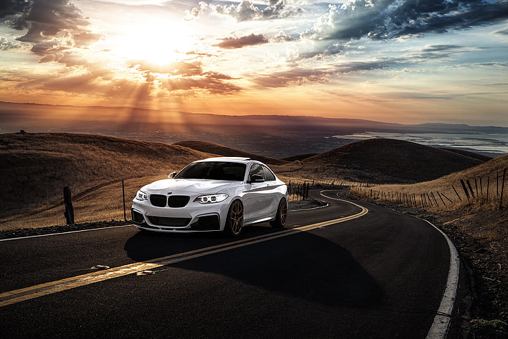 Hd Wallpaper White Bmw M4 Coupe Car Front Sunset Sunrise Mountains Road Wallpaper Flare