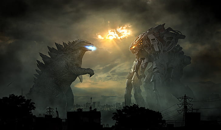 creature, Godzilla, kaiju, mech, Joseph Diaz, battle, science fiction, HD wallpaper