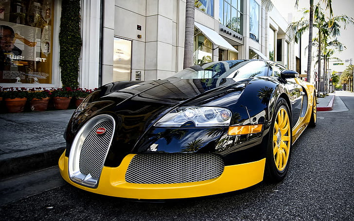 Bugatti Veyron supercar, black and yellow coupe, 2014
