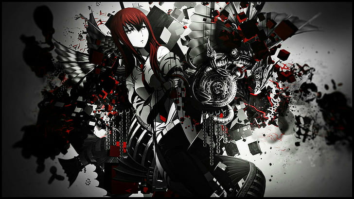 Steins;Gate, abstract, red, Makise Kurisu, scientists