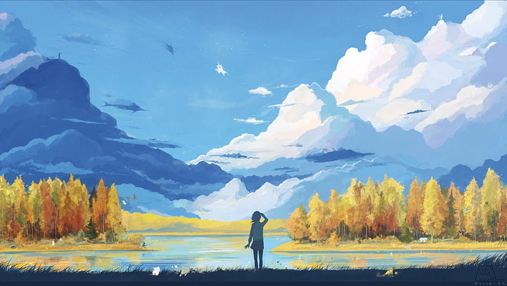 Download A colorful Anime Drawing featuring a girl in a dreamy landscape. |  Wallpapers.com
