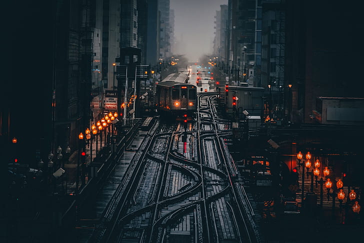 light, the city, lights, the darkness, train, morning, Chicago, HD wallpaper