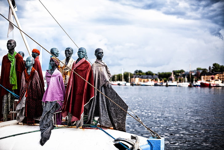 photography, river, clouds, group of people, statue, nautical vessel
