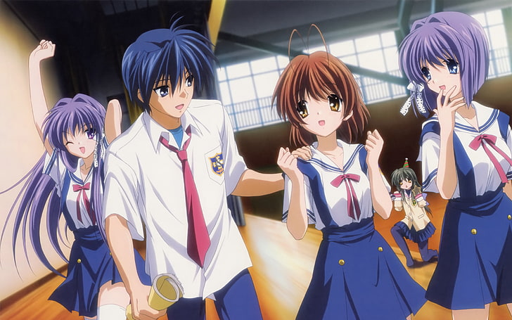 three female and male anime characters, Clannad, Fujibayashi Kyou