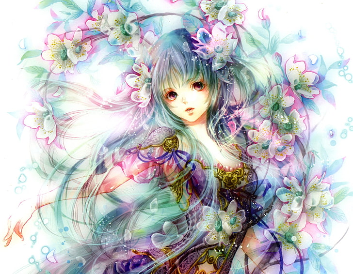 HD wallpaper: anime girl character wearing floral dress, flowers, art,  green glass | Wallpaper Flare