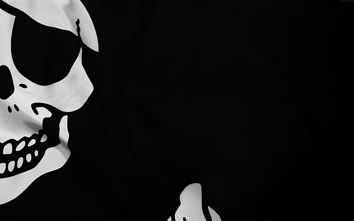 flag, skull, minimalism, pirates, simple, monochrome, black background, HD wallpaper