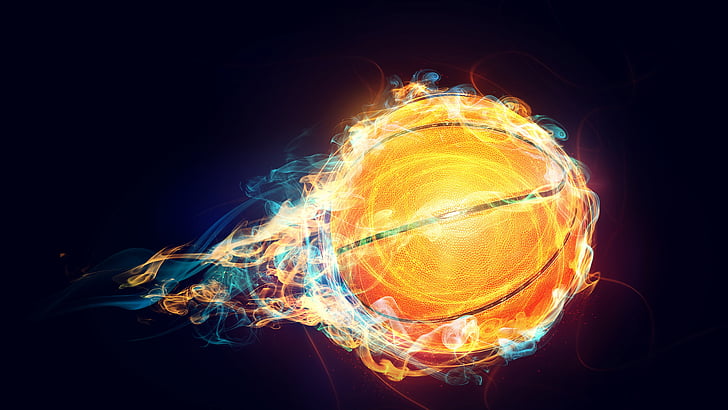 basketball, fire, flame, 8k uhd, sphere, darkness, HD wallpaper