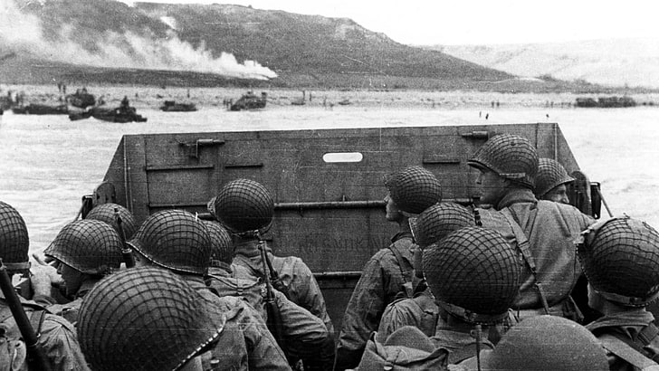 grayscale photography of group of army near body of water, World War II