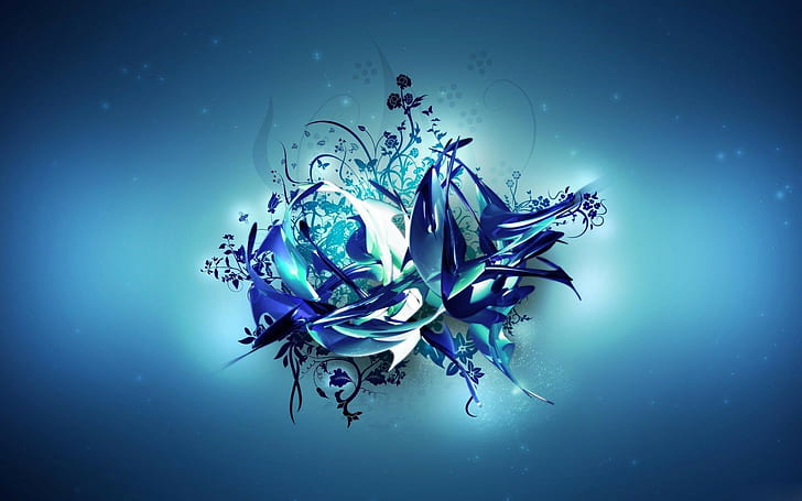 digital art, abstract, CGI, butterfly, flowers, blue background, HD wallpaper