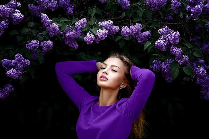 women, model, women outdoors, closed eyes, purple flowers, lilac, HD wallpaper