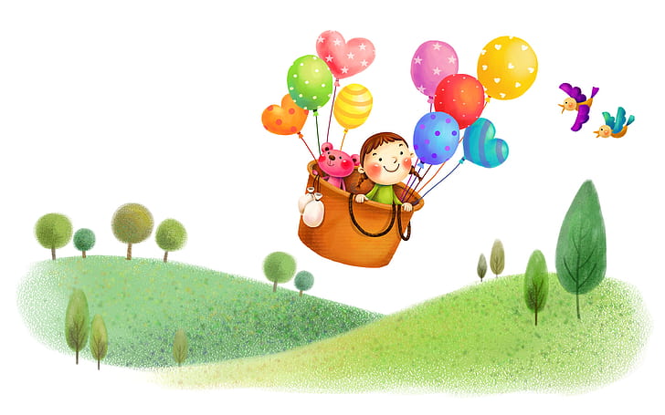 HD wallpaper: Art, Kids, Girl, Balloon, Bird, Trees, Simple Background,  Green Hill, Travelling, girl and bear riding on air balloon artwork |  Wallpaper Flare