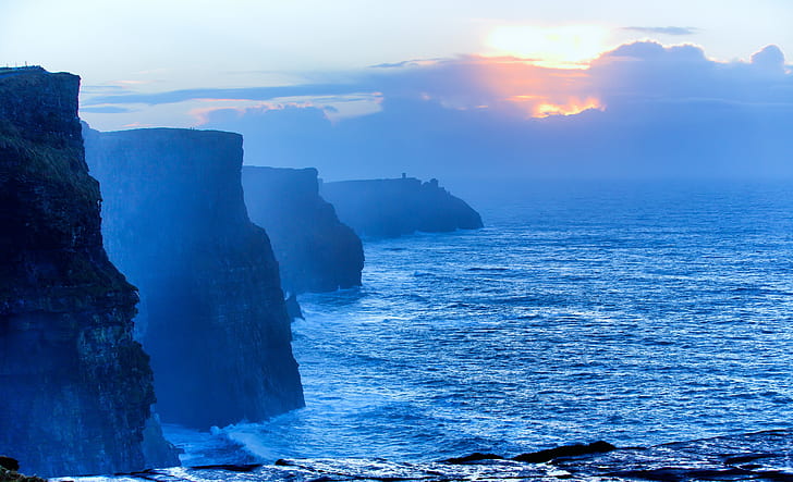 cliff, sky, sea, nature, Cliffs of Moher, Ireland, coast, blue, HD wallpaper