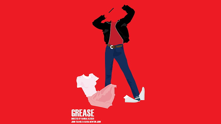 grease, full length, red, adult, people, motion, colored background