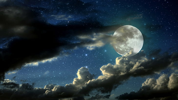 Moon, stars, clouds, landscape, HD wallpaper