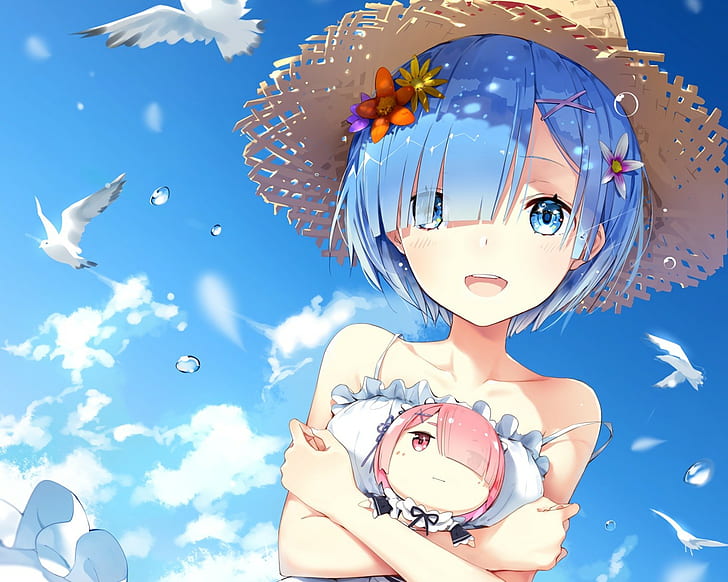 female character with blue hair and brown hat, Rem (Re: Zero)