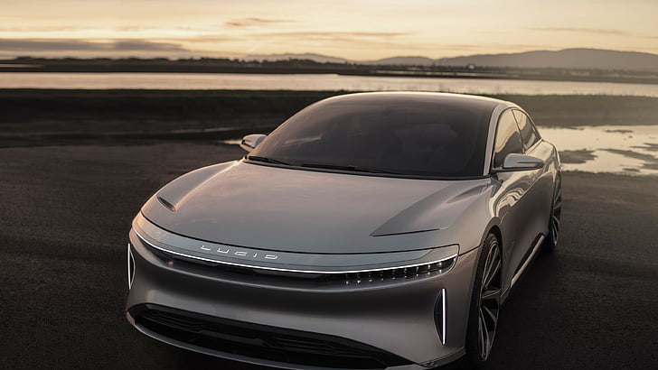 silver coupe near seashore, Lucid Air, electric cars, front, HD wallpaper