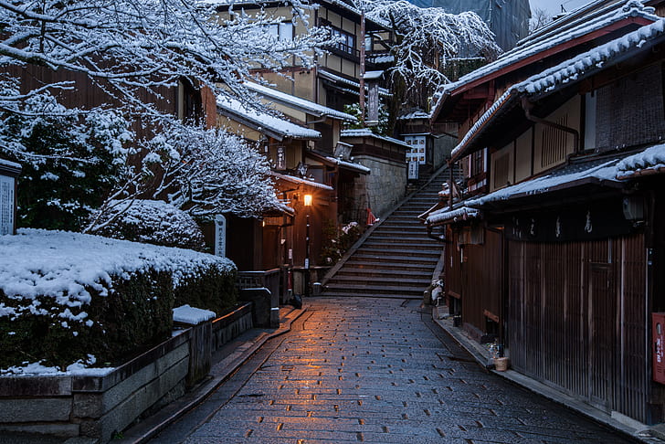 Home, Winter, Road, The city, Japan, Snow, Ladder, Street, Kyoto, HD wallpaper