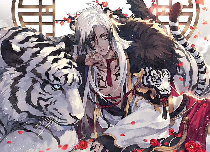 HD wallpaper white tiger anime boy shoujo red flowers representation   Wallpaper Flare