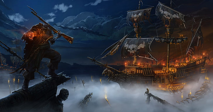 pirate ship digital wallpaper, sea, night, fog, fire, skull, art