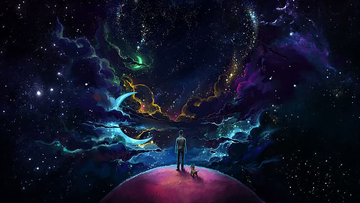 sky, space, stars, Moon, planet, galaxy, clouds, sleeping, Lucidsky, HD wallpaper