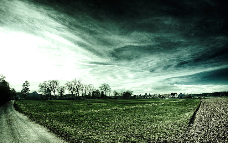 green grass field, clouds, house, trees, landscape, sky, road, HD wallpaper