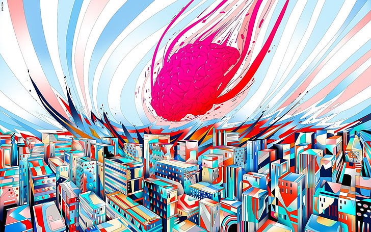 abstract, artwork, drawn, city, brain, colorful, multi colored, HD wallpaper