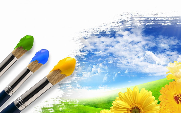 paintbrushes, flowers, yellow flowers, sky, canvas, clouds