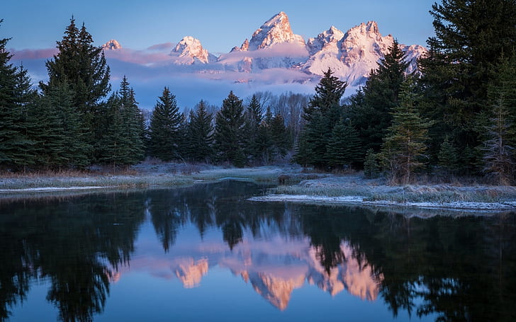 USA, Wyoming, Grand Teton National Park, lake, trees, morning, HD wallpaper