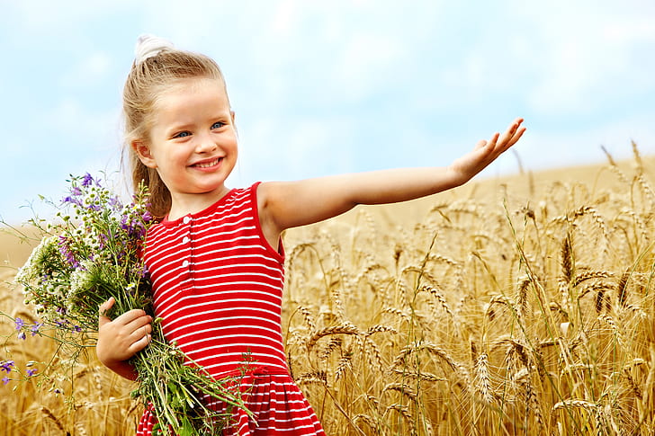 happiness, flowers, children, childhood, bouquet, smile, wheat field, HD wallpaper