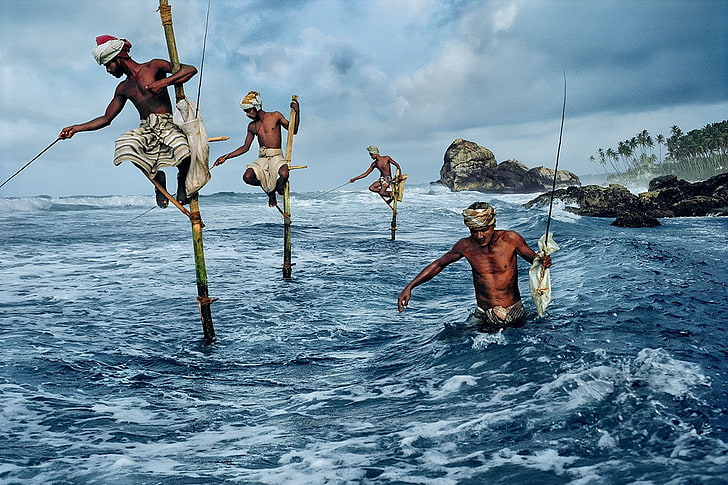 photography, fisherman, sea, bamboo, rocks, trees, storm, fishing, HD wallpaper