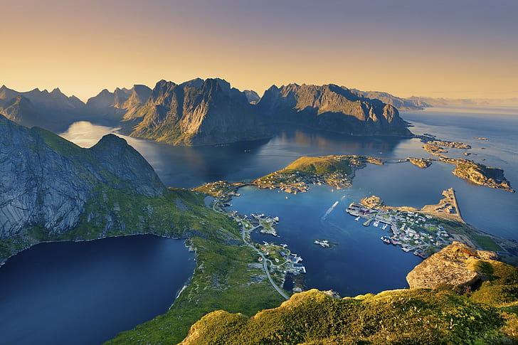sunset, bay, fjord, sunlight, mountains, nature, Lofoten, Europe, HD wallpaper