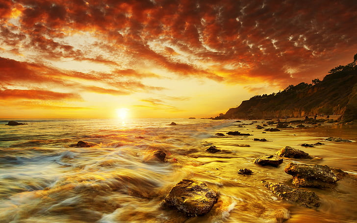 Rocks Stones Sunset Ocean Beach Sunlight HD, nature