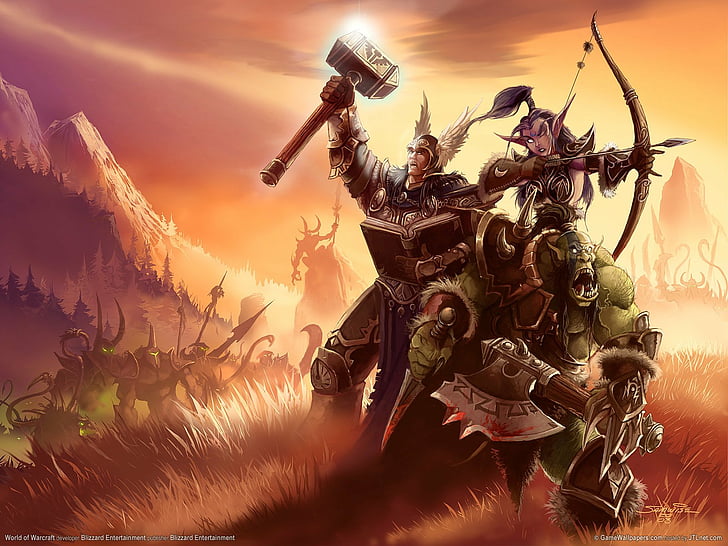 Warcraft, World Of Warcraft, Elf, Fight, Human, Night, Orc, HD wallpaper