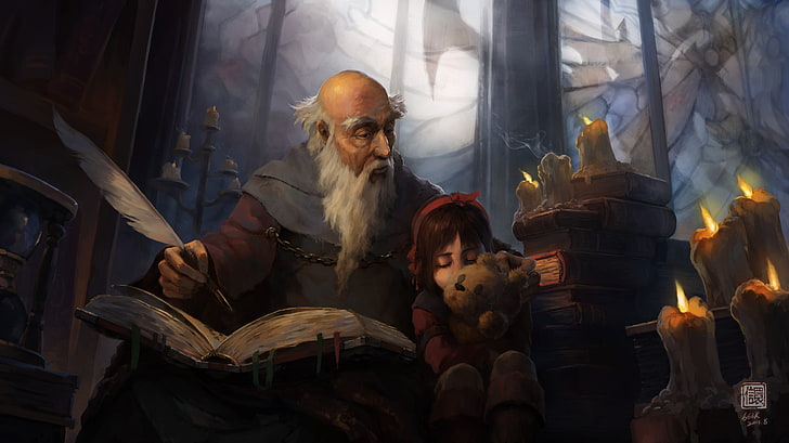 man writing with quill beside child painting, Diablo, illustration