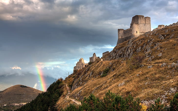 building, castle, rainbows, ruin, Italy, Rocca Calascio, HD wallpaper