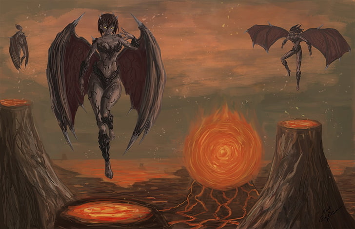 Fantasy, Demon, Landscape, Lava, Wings