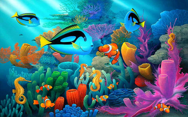 Underwater Animal World Coral Reef Coral In Various Colors Exotic Colorful Fish Sea Horses Art Wallpaper Hd 1920×1200, HD wallpaper