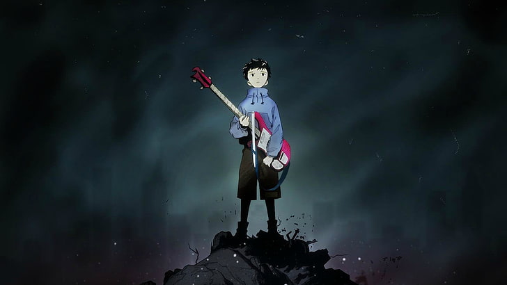 boy wearing blue jacket holding guitar anime wallpaper, FLCL