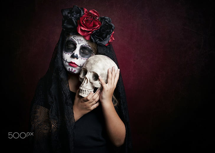 skull, 500px, Dia de los Muertos, makeup, simple background