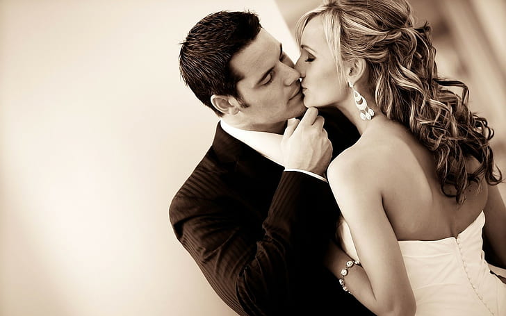kissing, model, men, women, marriage, costumes, weddings, wedding dress, HD wallpaper