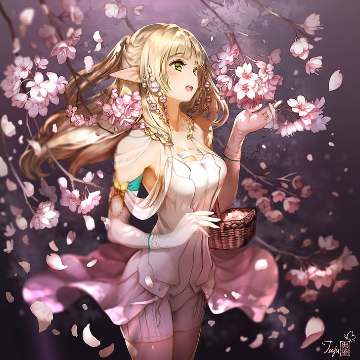 flowers, pointed ears, blonde, elven, HD wallpaper