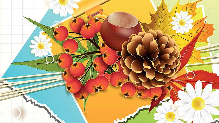 Fall Daisies, berries, bright, pine cone, fleurs, flowers, acorn, HD wallpaper