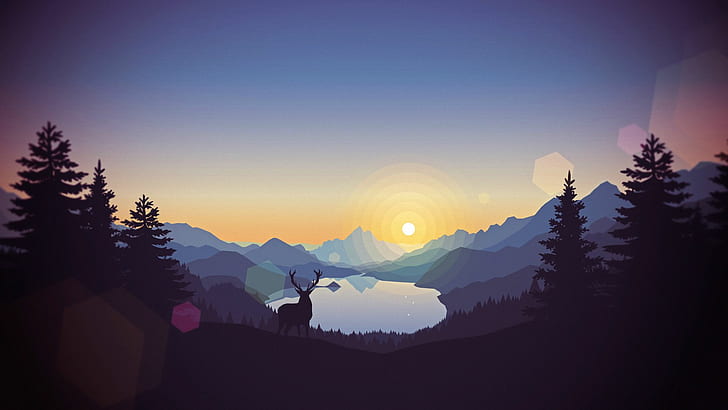 digital art, landscape, mountains, sunset, forest, lagoon, illustration