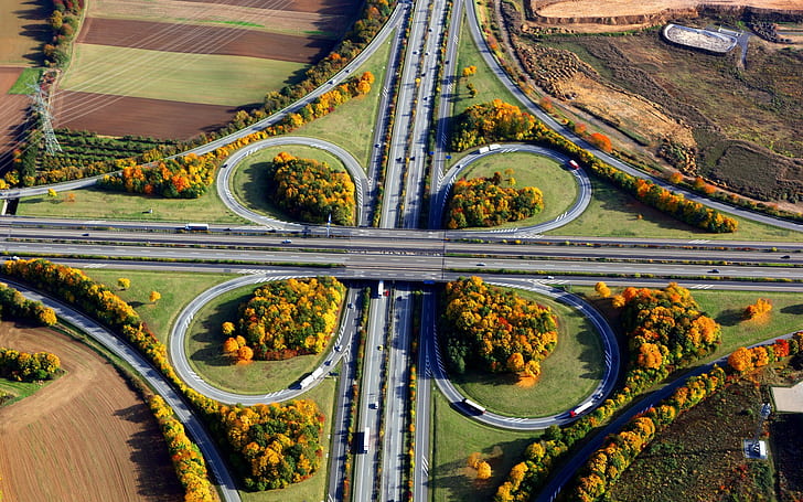road, intersections, car, landscape, trees, fall, highway
