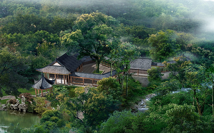 brown wooden house, summer, lodges, china, garden, pond, from above