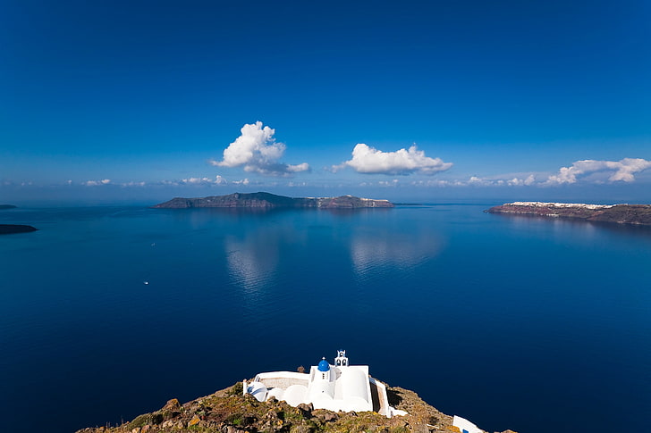 white clouds, sea, the sky, Islands, Greece, Church, the island of Sifnos