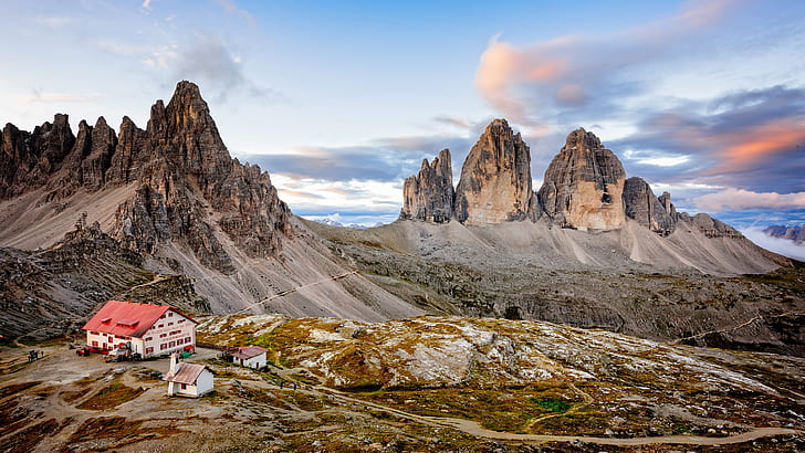 three peaks, moos, italy, bolzano, chiesetta alpina, hutte, HD wallpaper