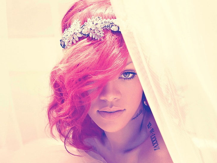 Rihanna, ebony, pink hair, hair in face, singer, women, tattoo, HD wallpaper