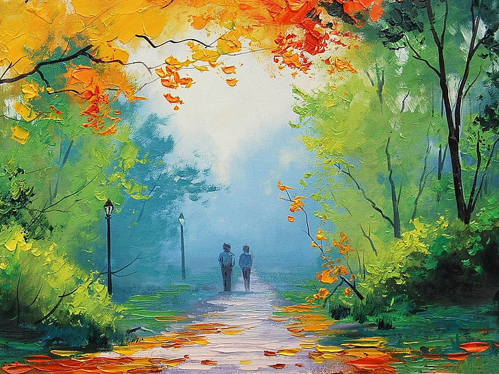 Autumn stroll-Drawings creations HD Wallpaper, two person standing oil painting